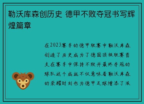 勒沃库森创历史 德甲不败夺冠书写辉煌篇章