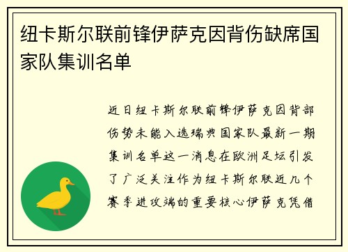 纽卡斯尔联前锋伊萨克因背伤缺席国家队集训名单