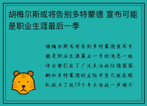胡梅尔斯或将告别多特蒙德 宣布可能是职业生涯最后一季