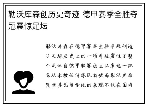 勒沃库森创历史奇迹 德甲赛季全胜夺冠震惊足坛 勒沃库森创历史奇迹 德甲赛季全胜夺冠震惊足坛